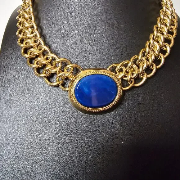 Bold Gold Chain Necklace with Royal Blue Cabochon Pendant - Picture 3 of 4